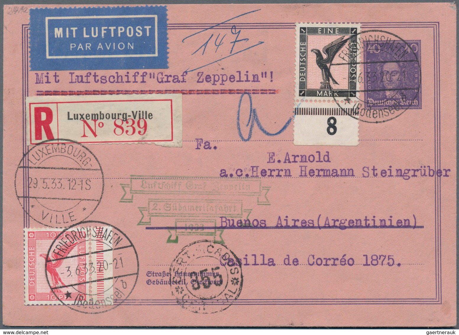 Zeppelinpost Deutschland: 1933, LUXEMBURG/2. SAF 1933, 40 Pf. Leipnis Rohrpostkurvert RU 12 + DR Mi. - Luft- Und Zeppelinpost