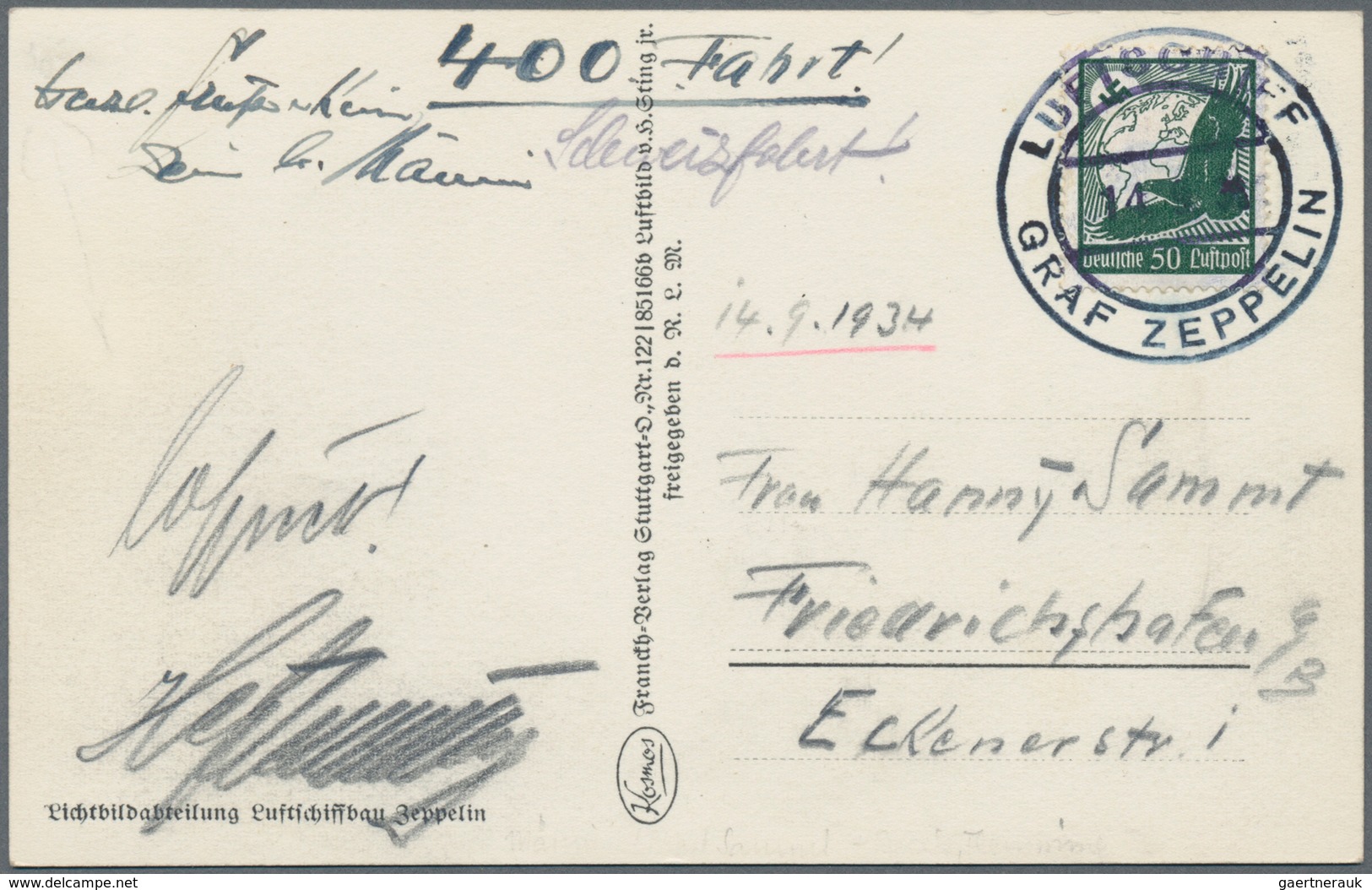 Zeppelinpost Deutschland: 400. Fahrt 1934, Frankfurt - F'hafen, Bordpost 14.9., Post Von Besatzungsm - Luft- Und Zeppelinpost
