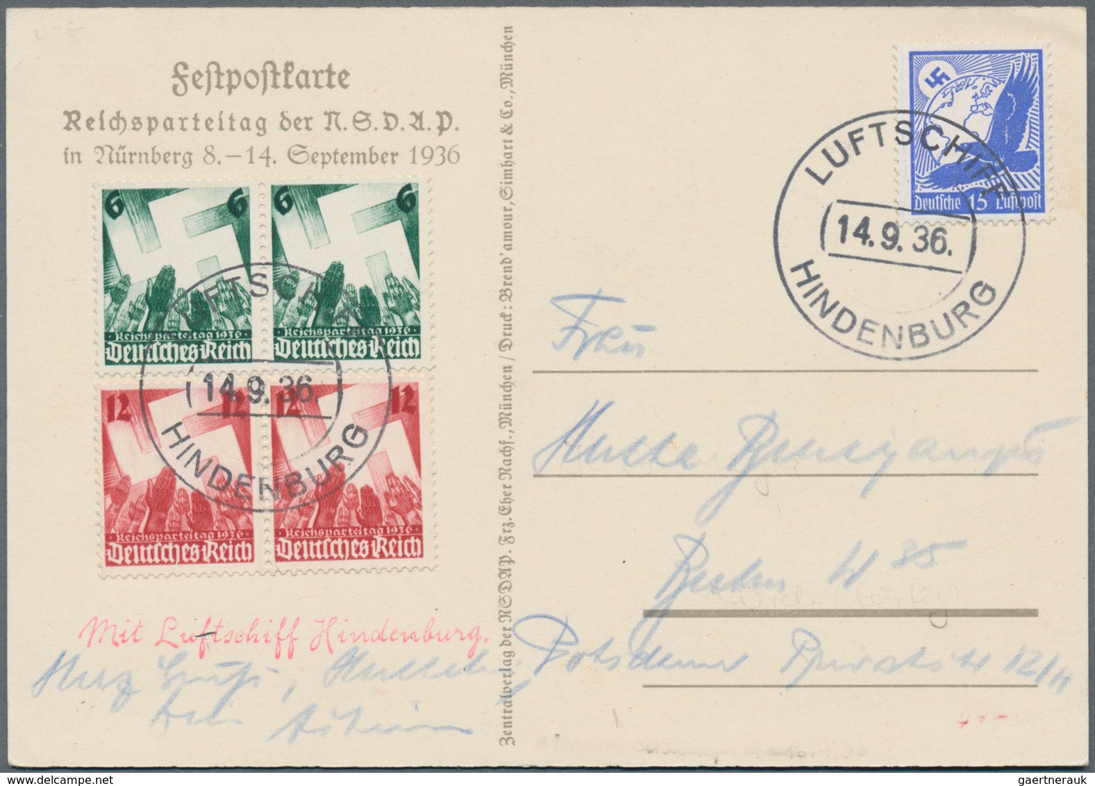 Zeppelinpost Deutschland: LZ 129 BORDPOSTKARTEN 14.9.36 REICHSPARTEITAGFAHRT Und 16.9.36 FHFN-FRANKF - Luft- Und Zeppelinpost