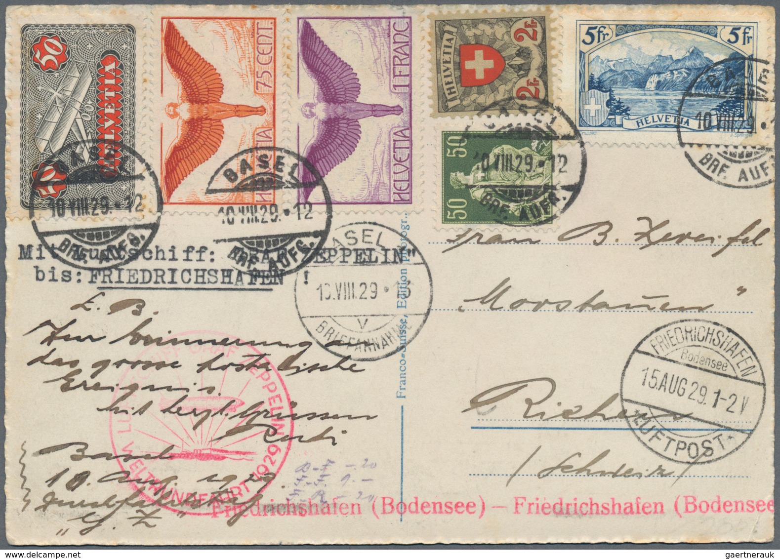 Zeppelinpost Europa: 1929, SCHWEIZ Weltrundfahrt, Karte Mit Guter Frankatur Ab Basel. (SBK 102 D U.a - Europe (Other)