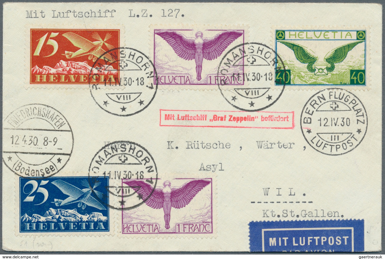 Zeppelinpost Europa: 1930, SCHWEIZFAHRT, SCHWEIZ: Dekorativer Brief Mit 5 Flugmarken Ab ROMANSHORN 1 - Andere-Europa