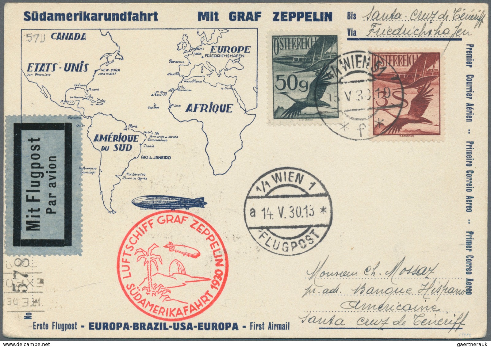 Zeppelinpost Europa: 1930: ÖSTERREICH/ SAF 1930: Luxus-SAF-Zierpostkarte, Etappe FHFN-Santa Cruz Mit - Andere-Europa