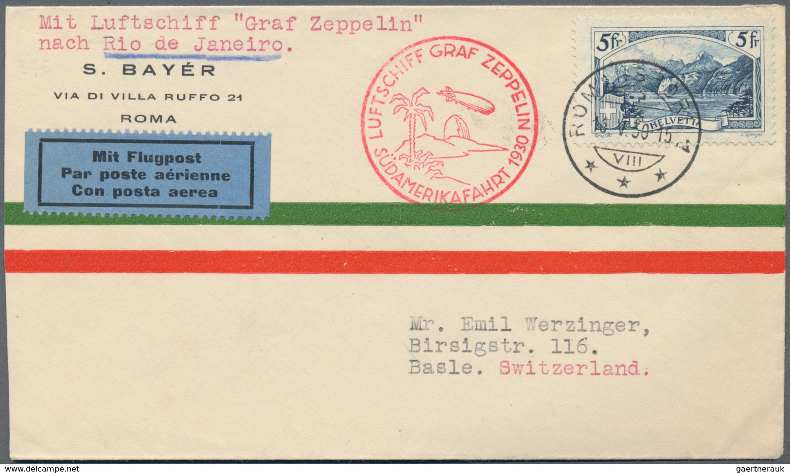 Zeppelinpost Europa: 1930, SCHWEIZ, 5 Fr. Gebirgslandschaften Blau Auf Zuleitung Zur Südamerikafahrt - Europe (Other)
