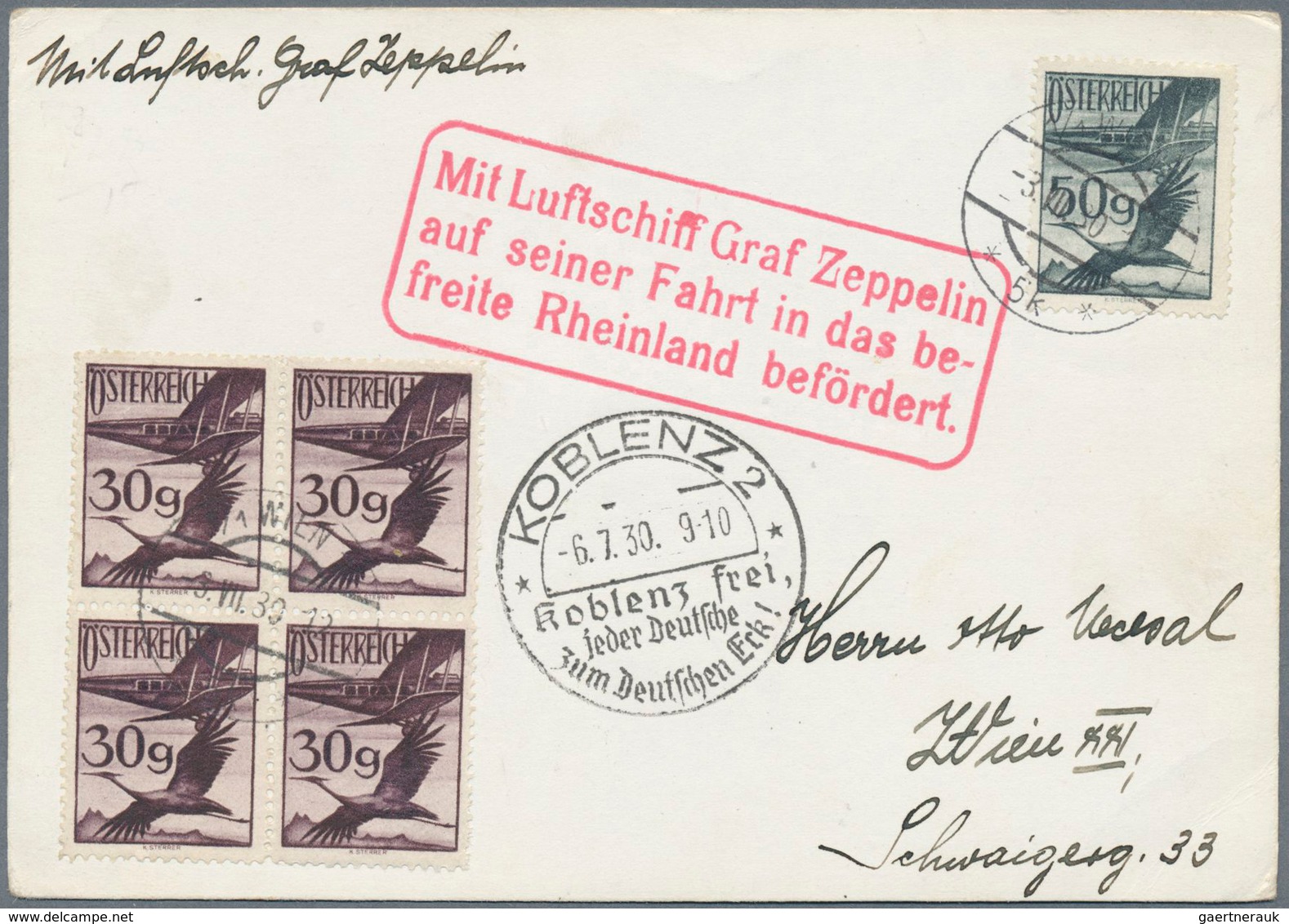 Zeppelinpost Europa: 1930: ÖSTERREICH / Fahrt In Das Befreite Rheinland: Tadellose Abwurfkarte Koble - Sonstige - Europa