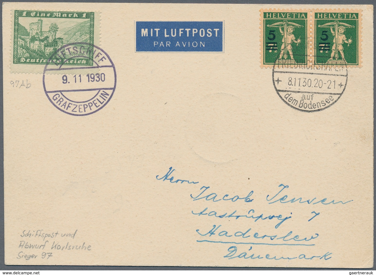 Zeppelinpost Europa: 1930, SCHWEIZ-KARLSRUHE-FAHRT: Bordpostkarte Als Unbekannte Bodensee-Schiffspos - Andere-Europa