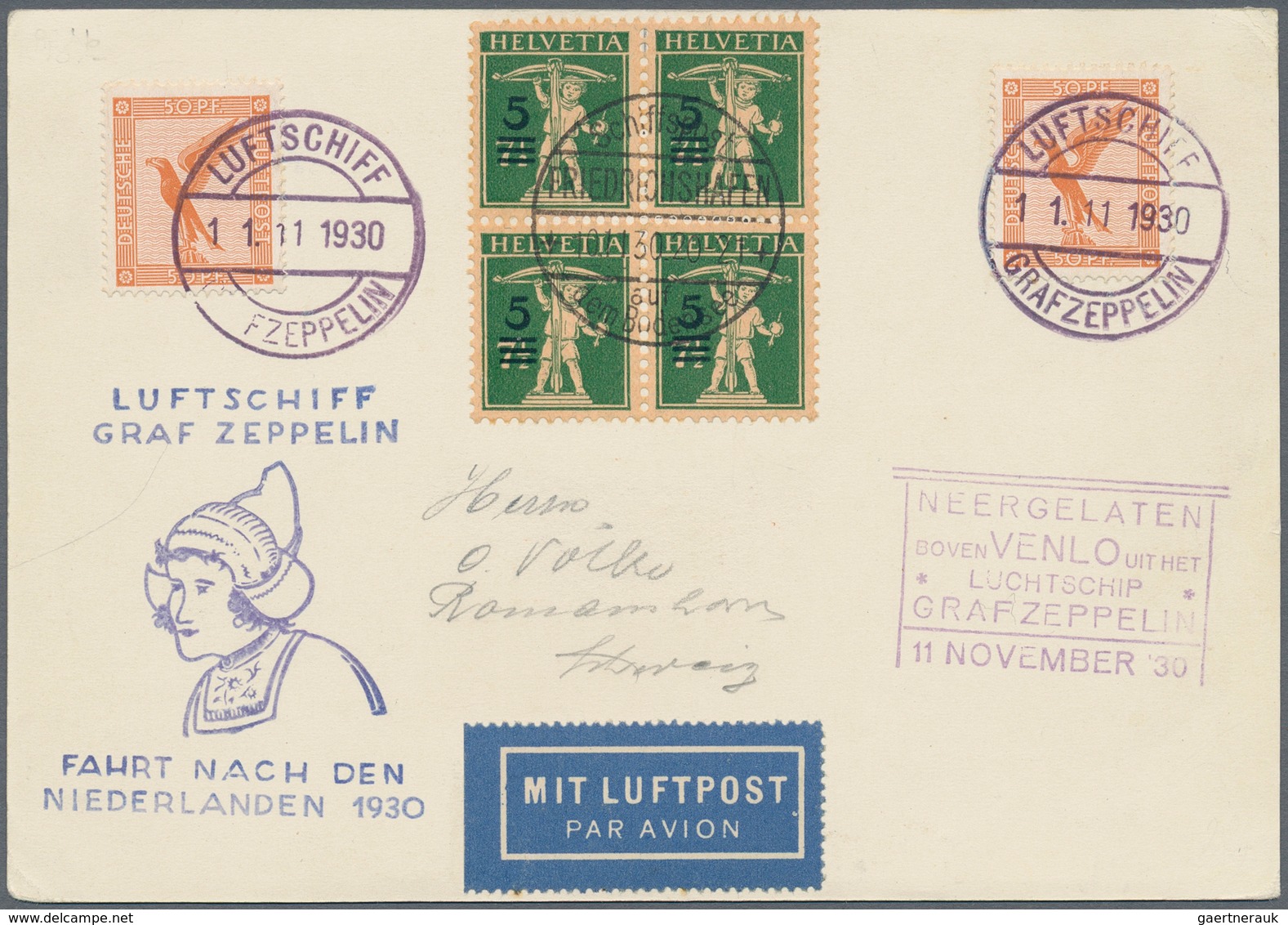 Zeppelinpost Europa: 1930, SCHWEIZ/NIEDERLANDE-FAHRT: Bordpostkarte Als Unbekannte Bodensee-Schiffsp - Andere-Europa