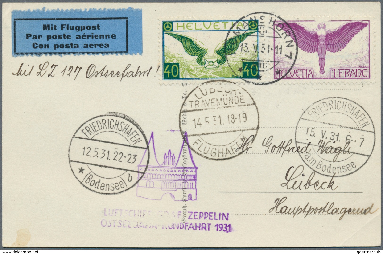 Zeppelinpost Europa: 1931, 108 Bg SCHWEIZ/OSTSEEJAHR-RUNDFAHRT: Etappenkarte LÜBECK-FHFN Mikt Mi. 19 - Andere-Europa