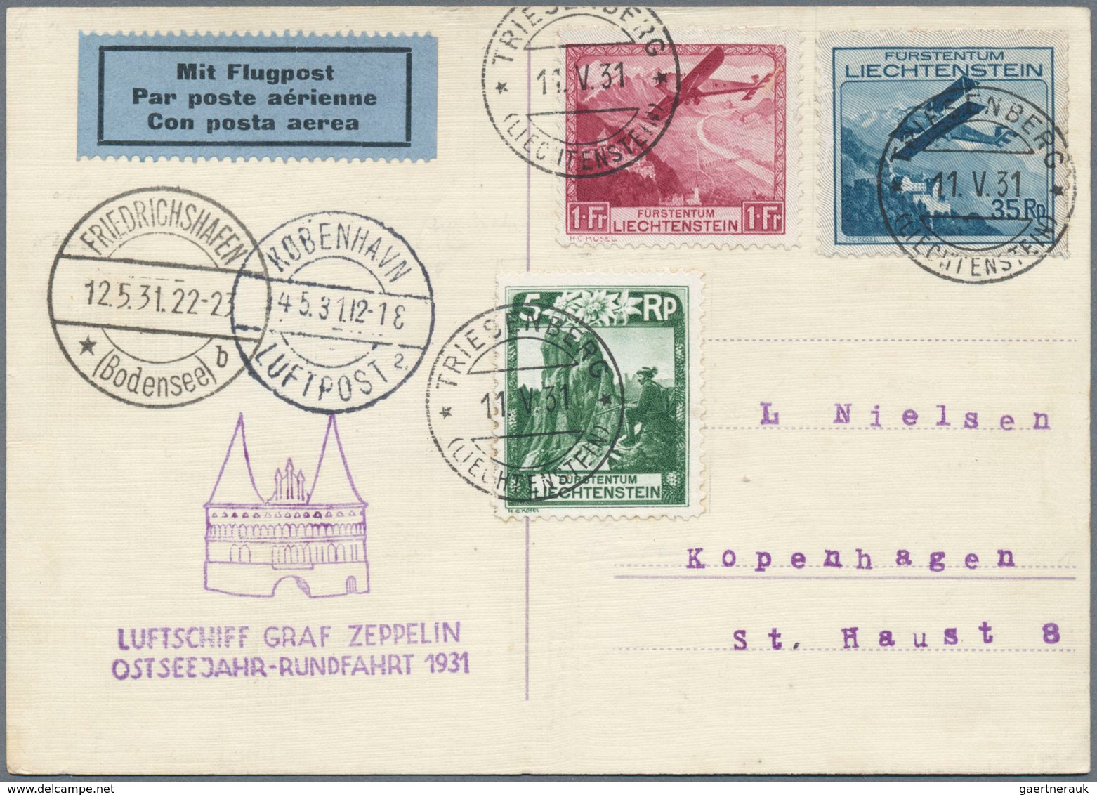 Zeppelinpost Europa: 1931: LIECHTENSTEIN/OSTSEEJAHR-Rundfahrt: Abwurfkarte Kopenhagen Mit Flugmarken - Sonstige - Europa