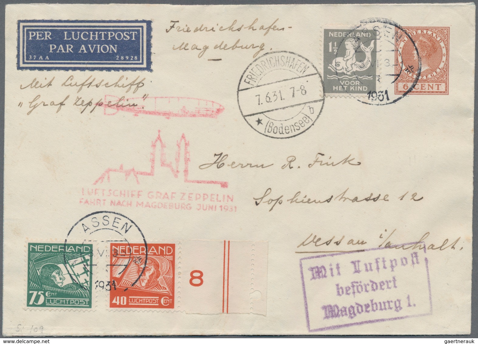 Zeppelinpost Europa: 1931, Trip To Magdeburg, Dutch Mail, Cover From "ASSEN 3.VI.31" Via "FRIEDRICHS - Sonstige - Europa