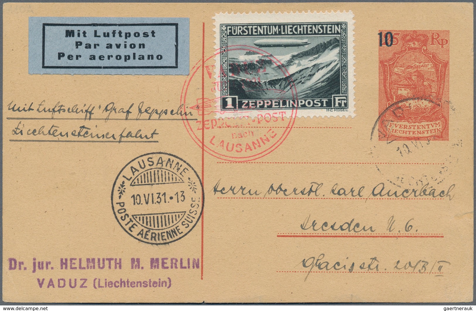 Zeppelinpost Europa: 1931, LIECHTENSTEIN/VADUZ-LAUSANNE-FAHRT: Ungewöhnlicher Vertragsstaatenbeleg. - Andere-Europa