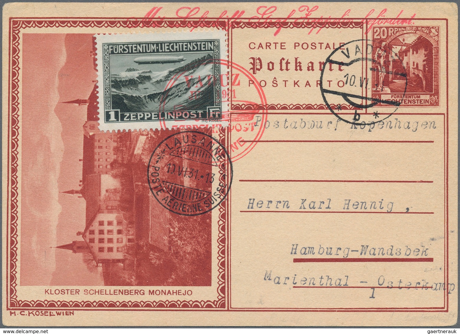 Zeppelinpost Europa: 1931, LIECHTENSTEIN/VADUZ-LAUSANNE-FAHRT: 20 Rp-Bildpostkarte "Kloster Schellen - Sonstige - Europa