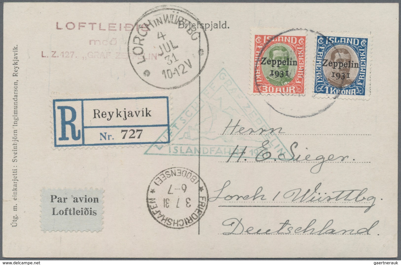 Zeppelinpost Europa: 1931, Islandfahrt, Fotokarte Per Einschreiben über Friedrichshafen Nach Lorch - Autres - Europe