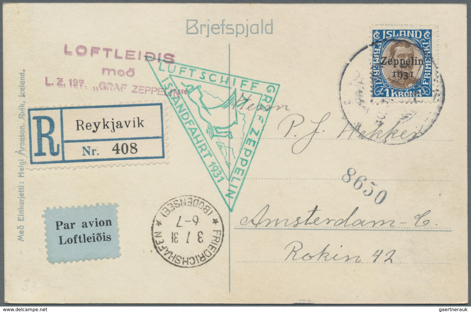 Zeppelinpost Europa: 1931, Iceland Return Flight, 2 Kr Brown/green And 30 A Red/green (MiNr.147 + 14 - Andere-Europa