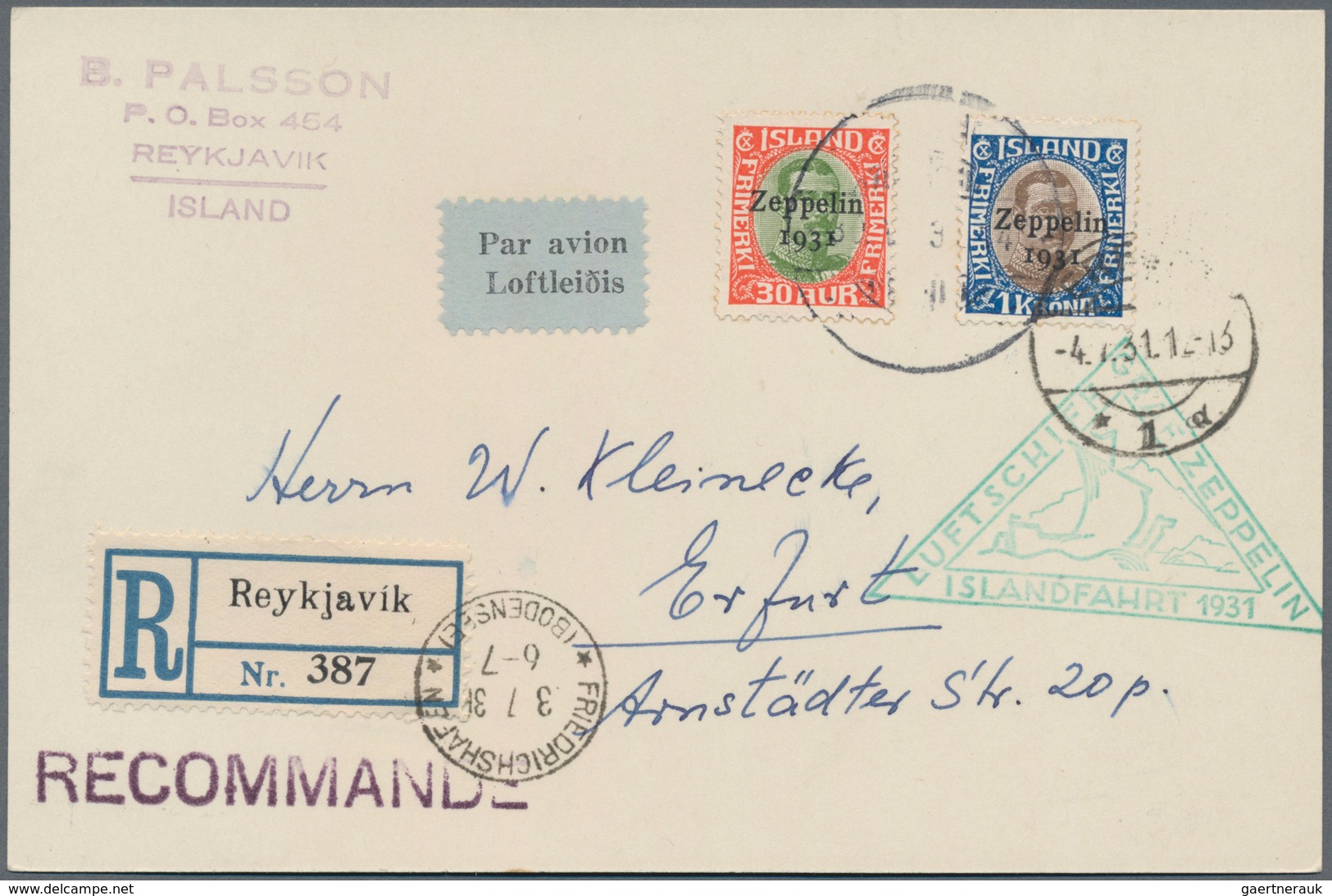 Zeppelinpost Europa: 1931: ISLAND, Islandfahrt, Recokarte Und Recobrief Nach Erfurt. - Sonstige - Europa