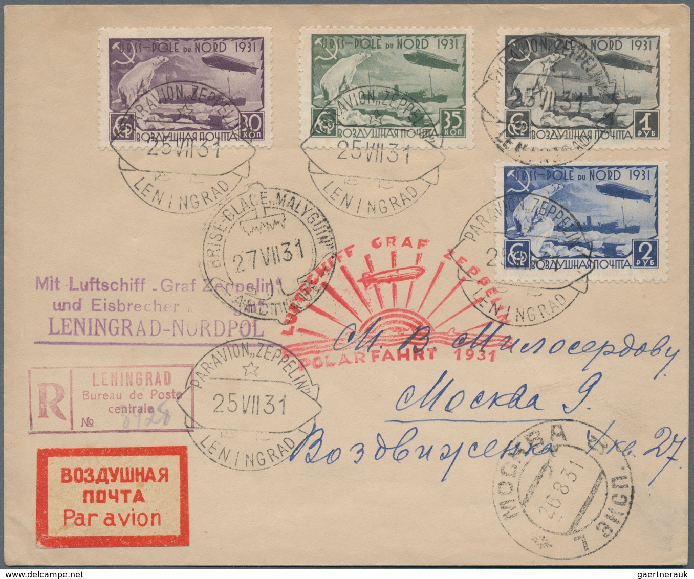 Zeppelinpost Europa: 1931 (25.VII.), Polarfahrt, Eingeschr. Brief Mit Mi-Nr. 402-05 A Von Leningrad, - Andere-Europa