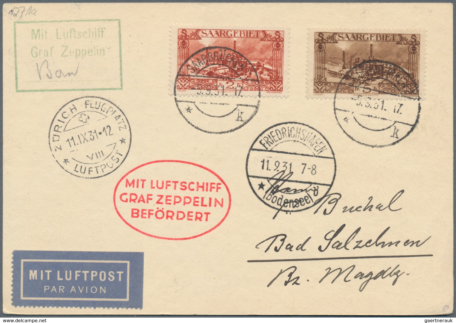 Zeppelinpost Europa: 1931, SAAR/ZÜRICHFAHRT: Tadellose Vertragsstaaten-Abwurfkarte, Mi. 119, 121 Mit - Sonstige - Europa