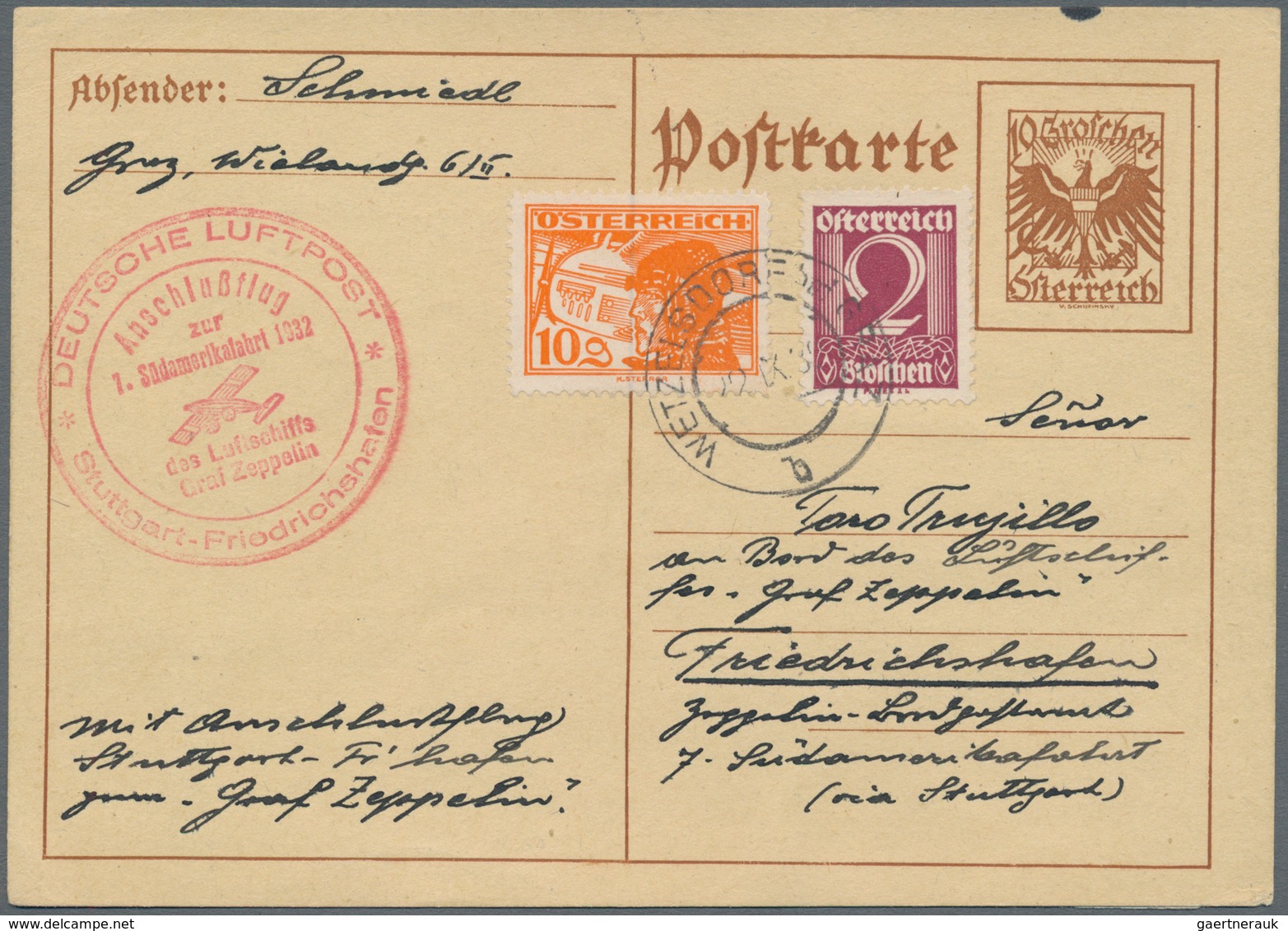 Zeppelinpost Europa: 1932. Upfranked Austrian Ganzsache / Postal Stationery Card With Cachet For Bei - Sonstige - Europa