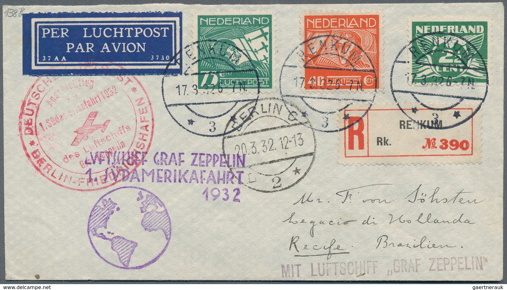 Zeppelinpost Europa: 1932: Niederlande/1. SAF 1932/ Anschlußflug Berlin: Reco-Brief Mit 2 Flugmarken - Europe (Other)
