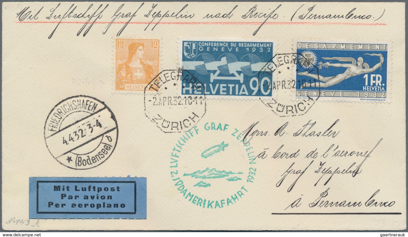 Zeppelinpost Europa: 1932. SCHWEIZ/2. SAF 1932: Luxusbrief Mit Seltenem Aufgabestempel TELEGRAF ZÜRI - Autres - Europe