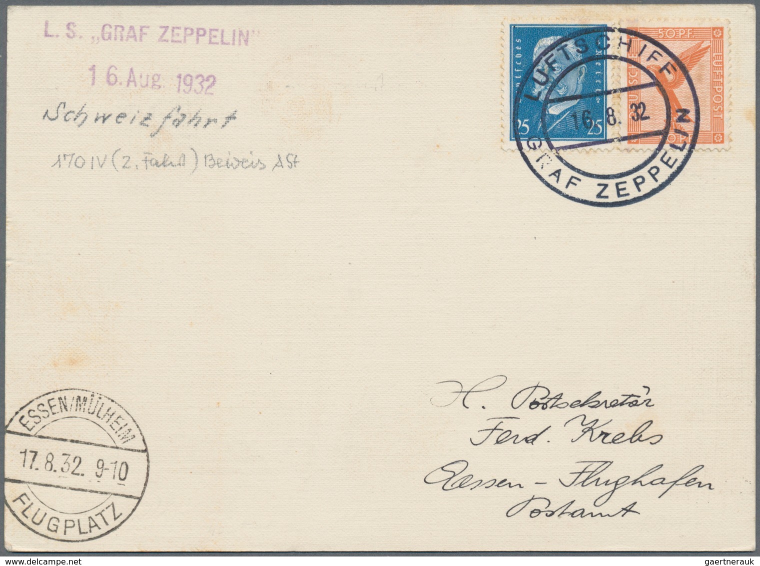 Zeppelinpost Europa: 1932, 2.SCHWEIZFAHRT / 268.Fahrt: Bordpostkarte (16.8.32), Mi 381+416 Nach Esse - Sonstige - Europa