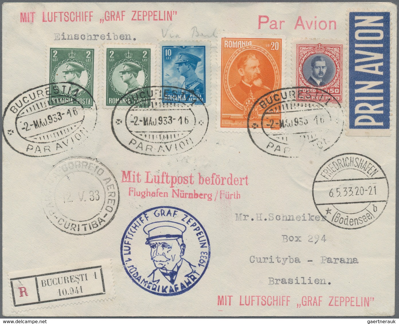 Zeppelinpost Europa: 1933, 1. SAF, Zuleitung Rumänien, Luftpost-R-Brief Aus Bukarest Mit 84 Lei Nach - Sonstige - Europa
