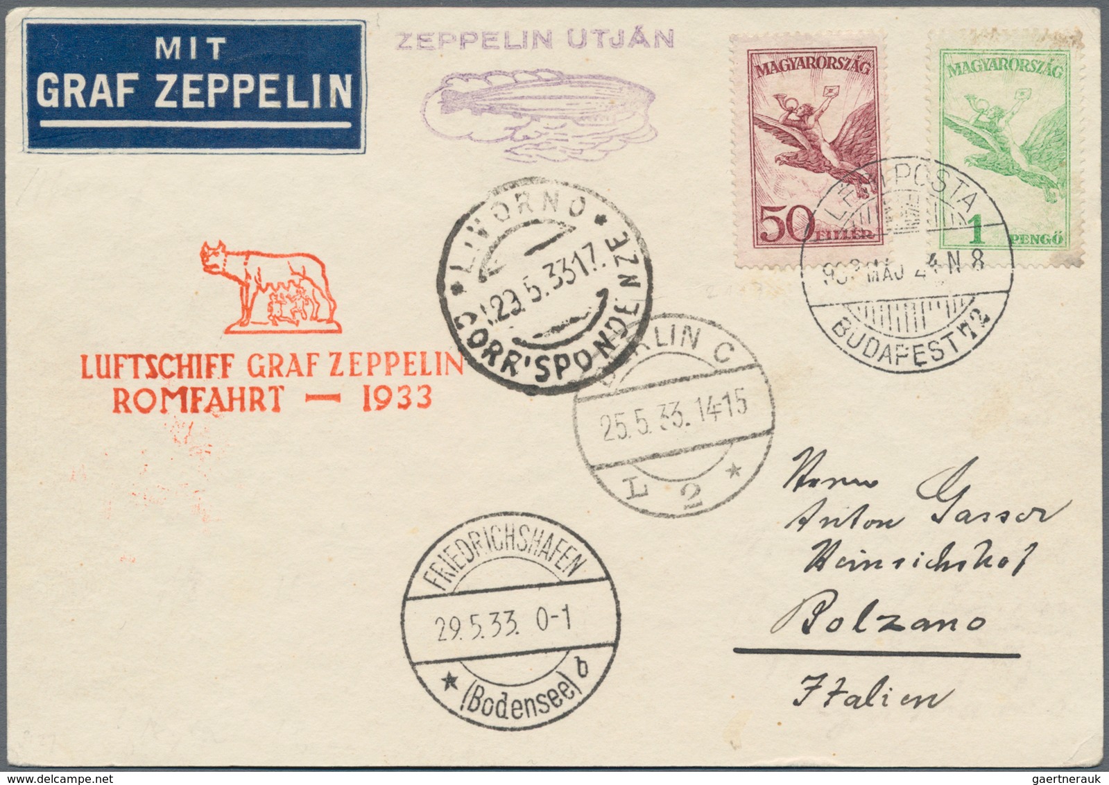 Zeppelinpost Europa: 1933. UNGARN/ITALIENFAHRT, Abwurf "Livorno CORRISPONDENZE 29.5.33" (ASt), Zulei - Sonstige - Europa