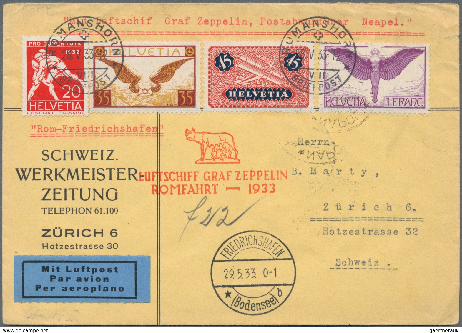 Zeppelinpost Europa: 1933, Italienfahrt, Abwurf Neapel, Brief Ab Romanshorn 28.5. Mit U.a. 1 Fr. Flu - Sonstige - Europa