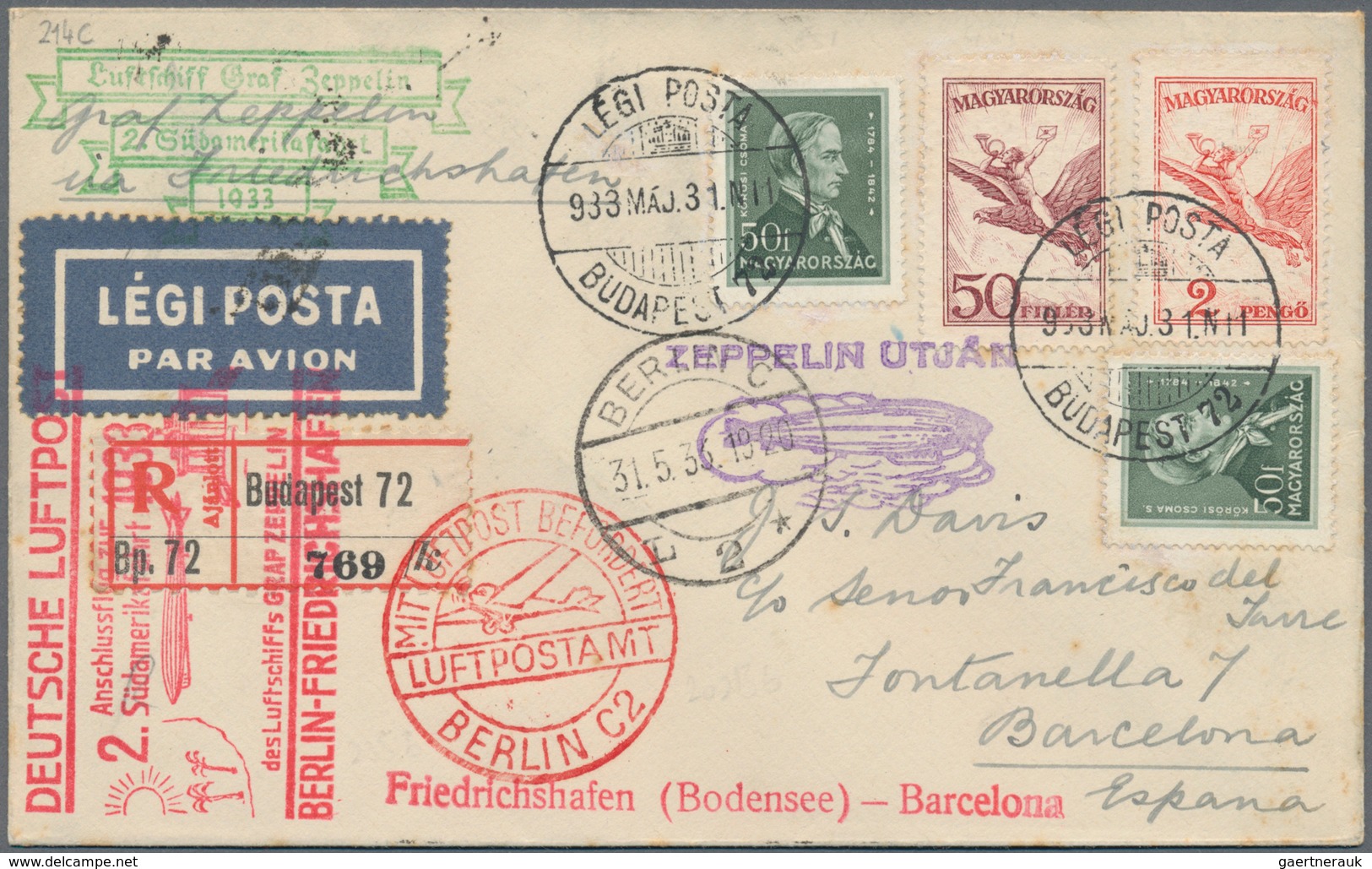 Zeppelinpost Europa: 1930, UNGARN / 2. SAF 1930: Anschlußflug BERLIN Reco-Brief, Abwurf BARCELONA (b - Andere-Europa