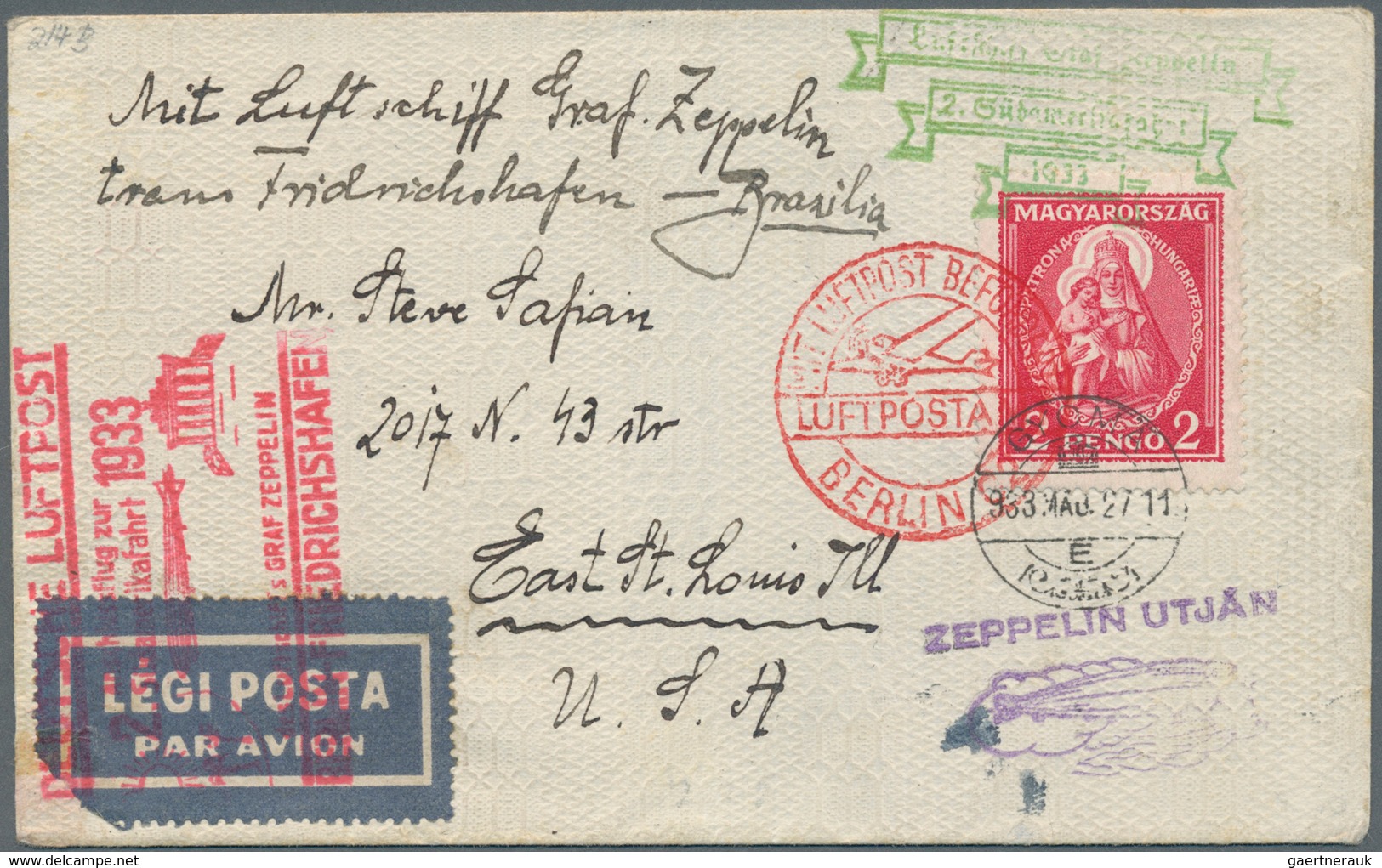 Zeppelinpost Europa: 1933, UNGARN/2. SAF, Anschlußflug Berlin: Toller Bedarfsbrief Mit 8 Marken Bunt - Sonstige - Europa