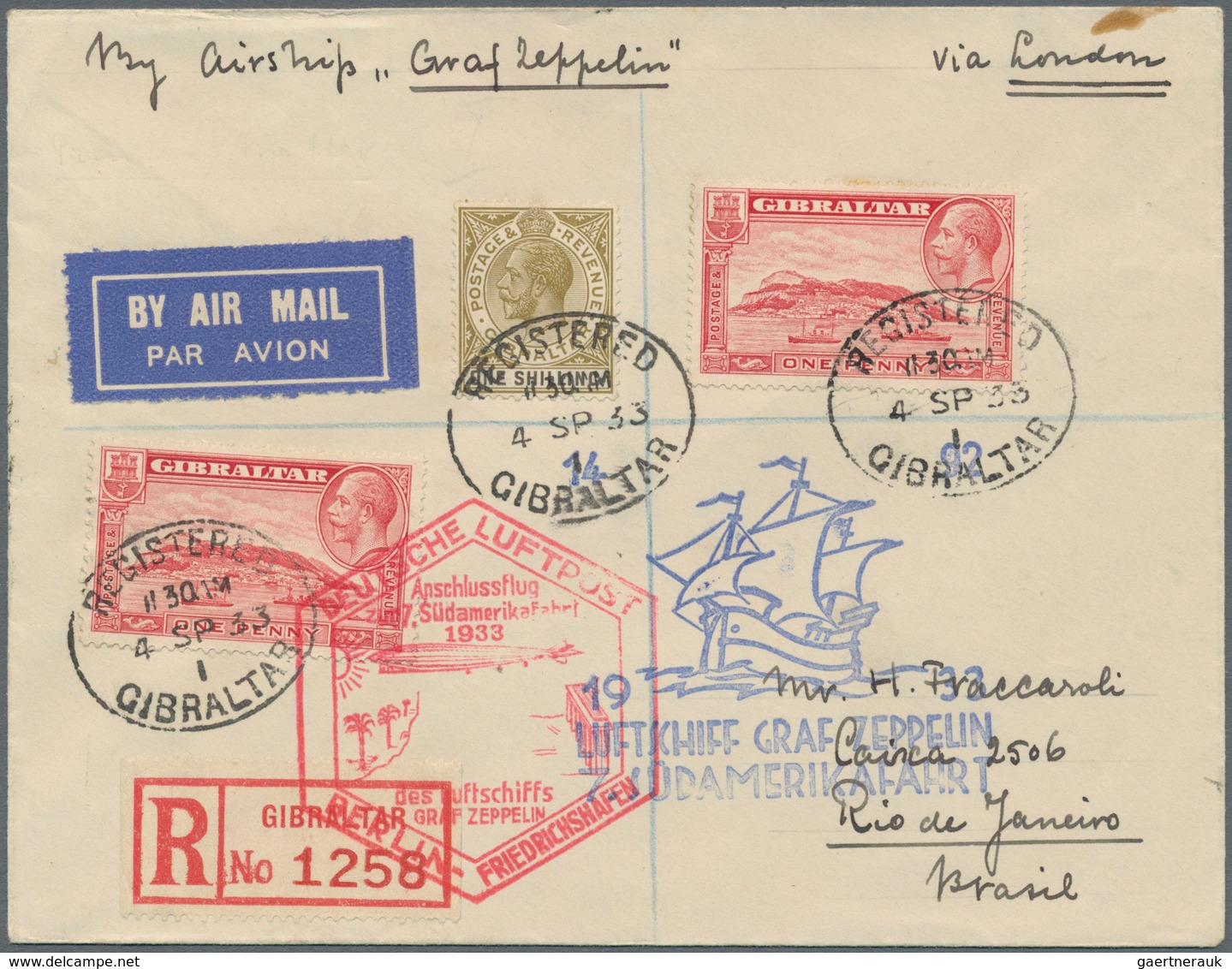 Zeppelinpost Europa: 1933. Registered Cover From British Gibraltar To Rio De Janeiro On The Graf Zep - Sonstige - Europa