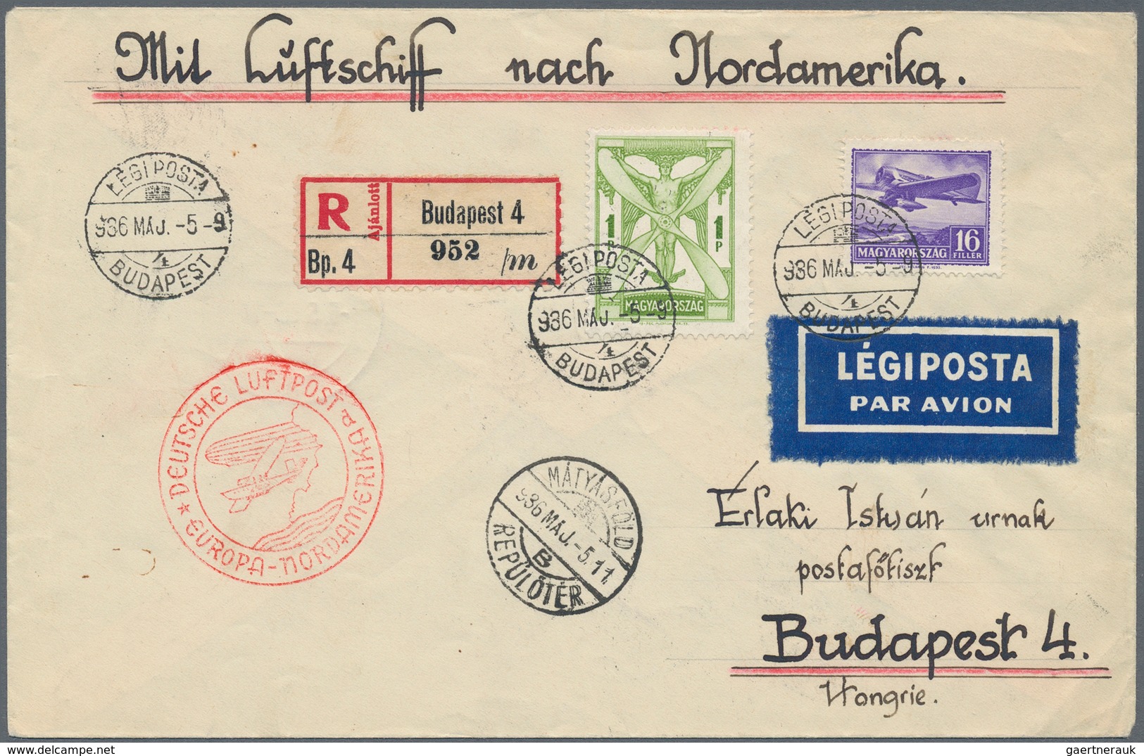 Zeppelinpost Europa: 1936, Ungarn, 1. Nordamerikafahrt 1936, R-Brief Ab Budapest 5.5. Nach New York - Sonstige - Europa