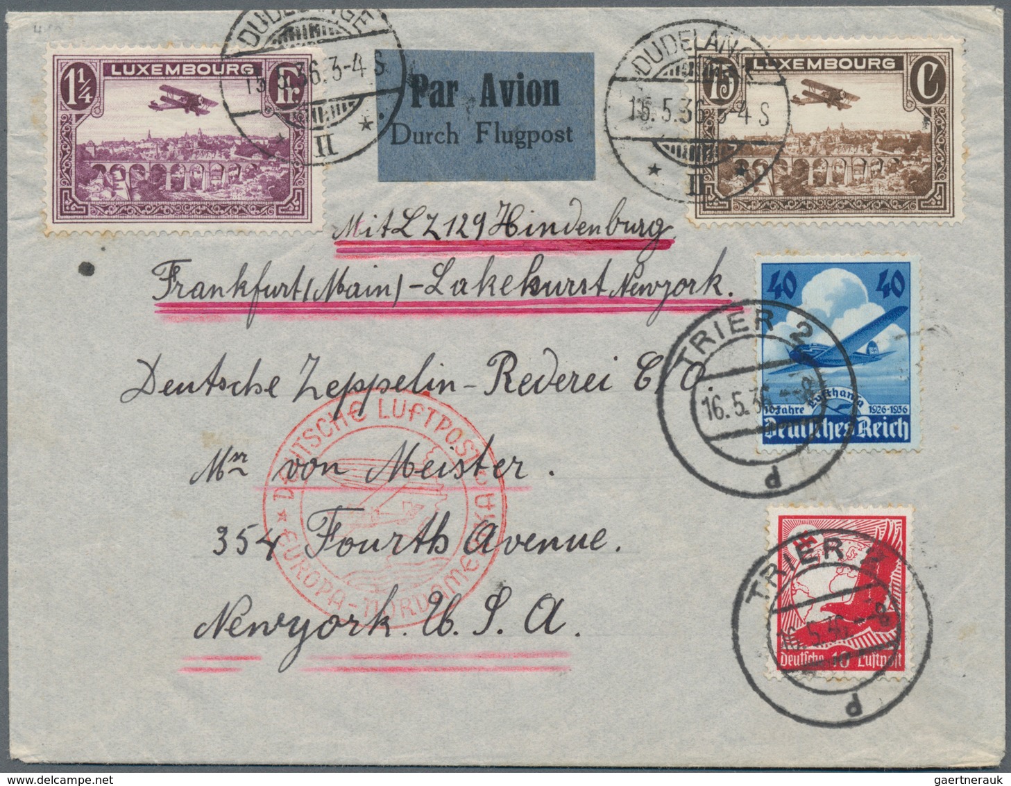 Zeppelinpost Europa: LUXEMBURG/LZ 129 HINDENBURG/2. NAF 1936, Dekorativer Brief Ab Dudelange über Tr - Sonstige - Europa