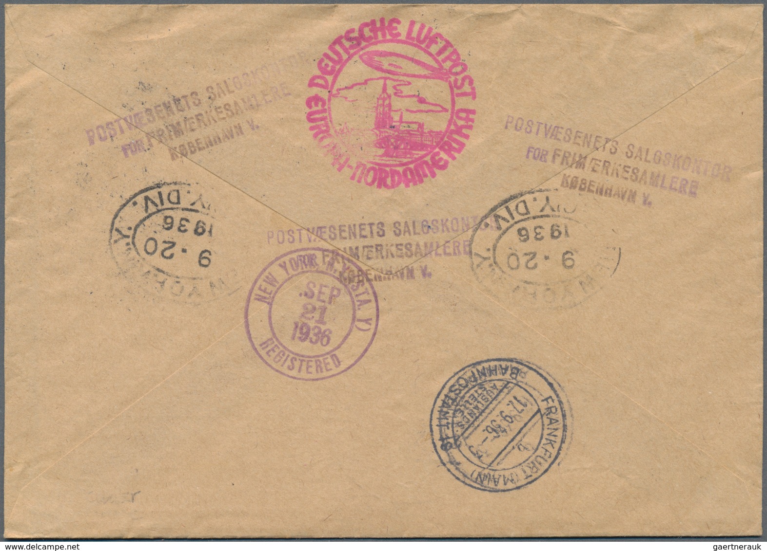 Zeppelinpost Europa: 1936, DÄNEMARK / 8. NAF 1936: Reco-Privatbrief Mit Flugmarken, FRANKFURT M - LA - Andere-Europa