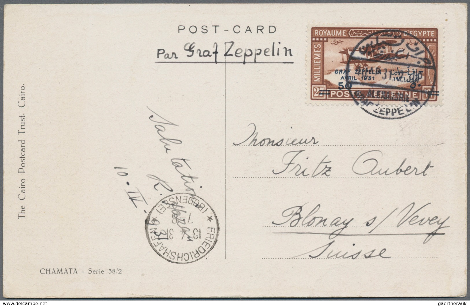 Zeppelinpost Übersee: 1931, Ägyptenfahrt, Ansichtskarte Mit SST Alexandria U. 50 Mm Marke über Fried - Zeppeline