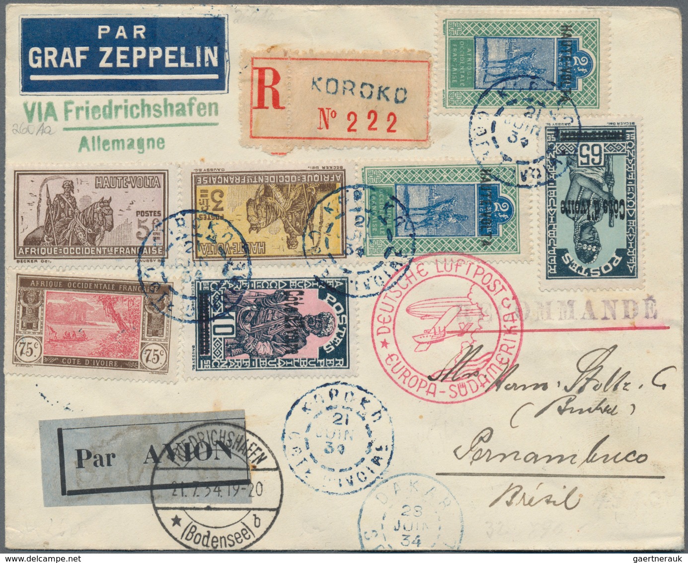 Zeppelinpost Übersee: 1934, OBERVOLTA/ELFENBEINKÜSTE: 4. Safari 1934: Mit 4+3 Marken Frankiert. Zepp - Zeppeline
