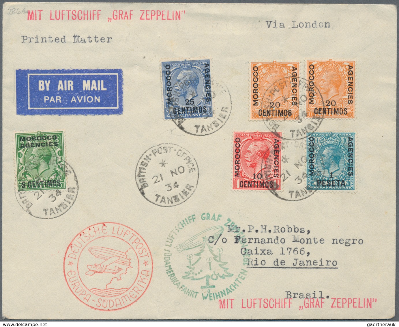 Zeppelinpost Übersee: 1934, Weihnachtsfahrt Britische Post In Marokko, Tanger: Dekort Brief Mit 6 Ma - Zeppelins
