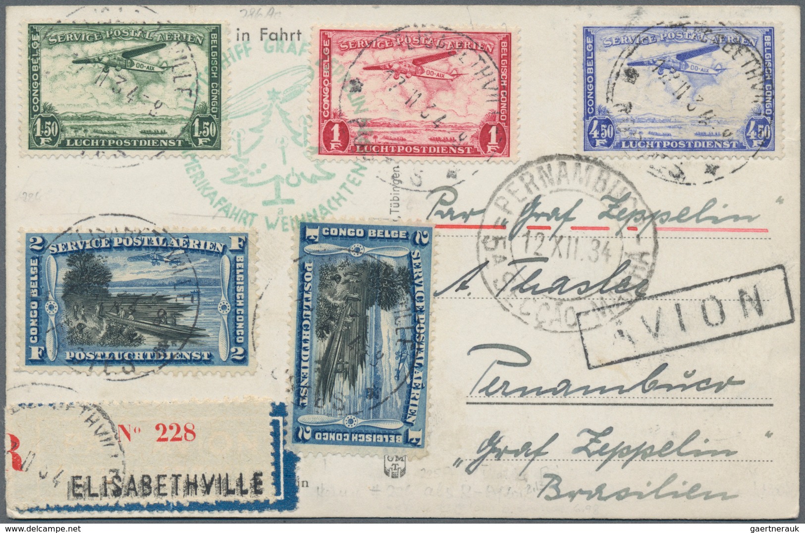 Zeppelinpost Übersee: 1934, Weihnachtsfahrt, 12. Südamerikafahrt 1934, R-Karte Ab Elisbethville 17.1 - Zeppelins
