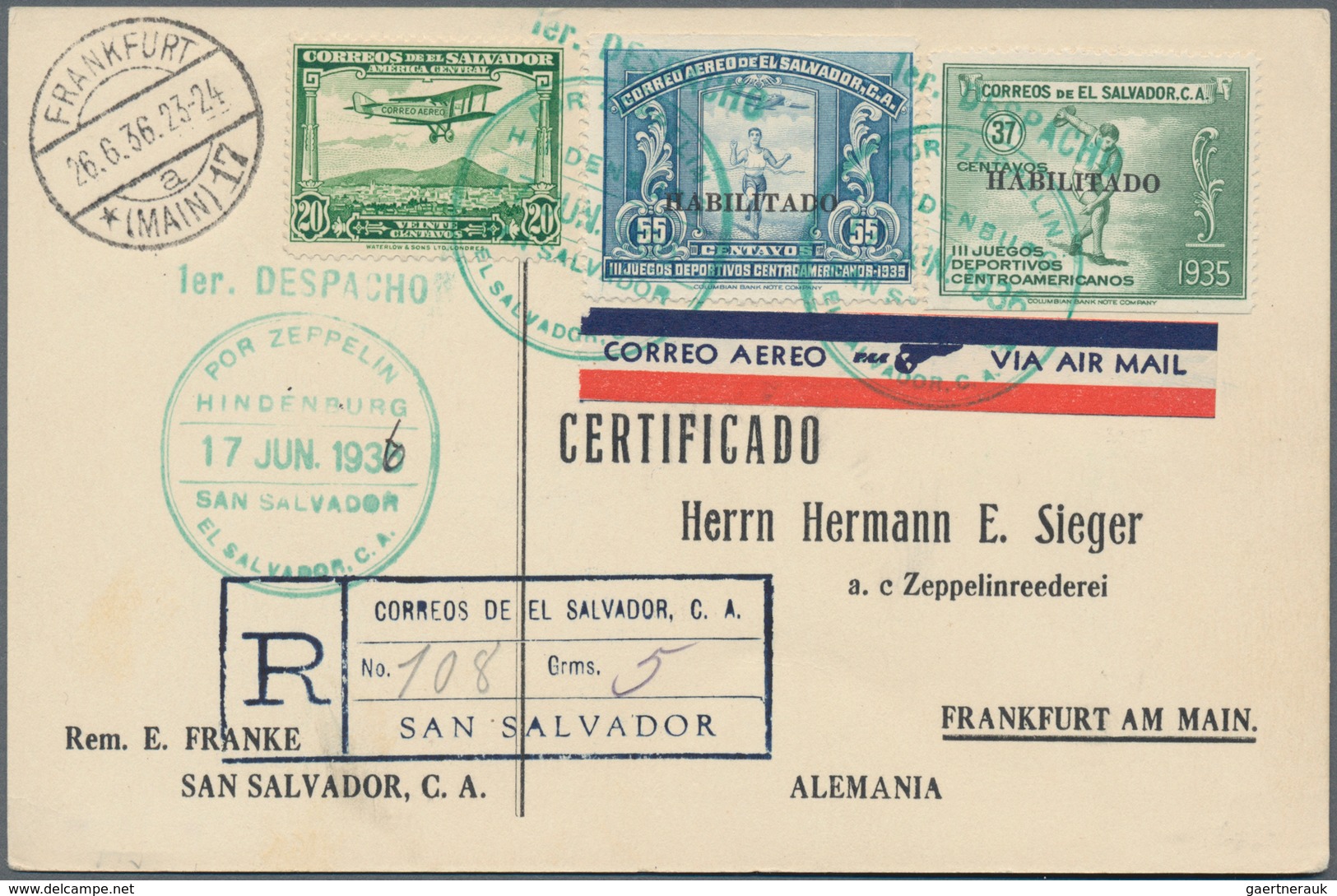 Zeppelinpost Übersee: 1936. Registered El Salvador Card Flown On The German Hindenburg Zeppelin Airs - Zeppeline