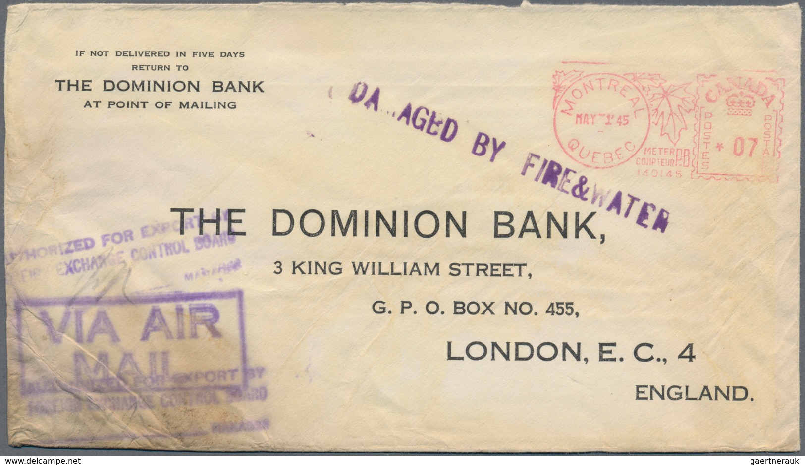 Katastrophenpost: 1945, CANADA/MONTREAL-LONDON: Dominion Bank Cover With L1 "DAMAGED BY FIRE & WATER - Other & Unclassified