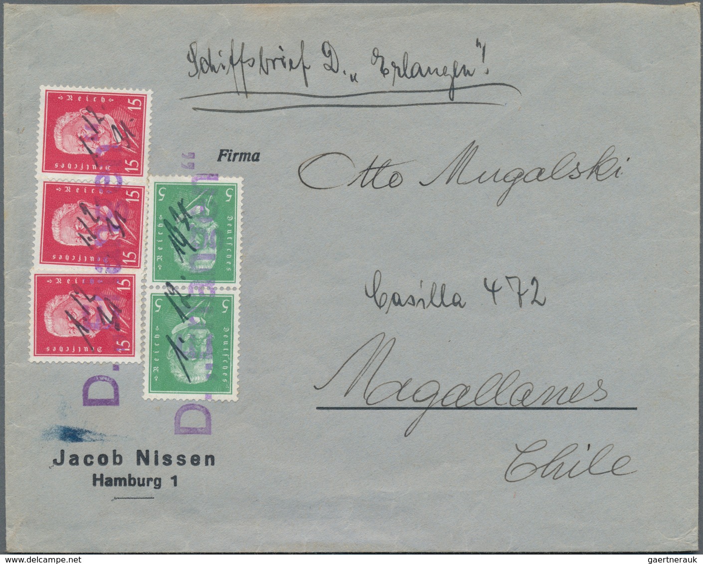 Schiffspost Deutschland: 1931, Schiffsbrief "D.Erlangen", Hindenburg 5 Pfg. (2) Und 15 Pfg. (3) Auf - Covers & Documents