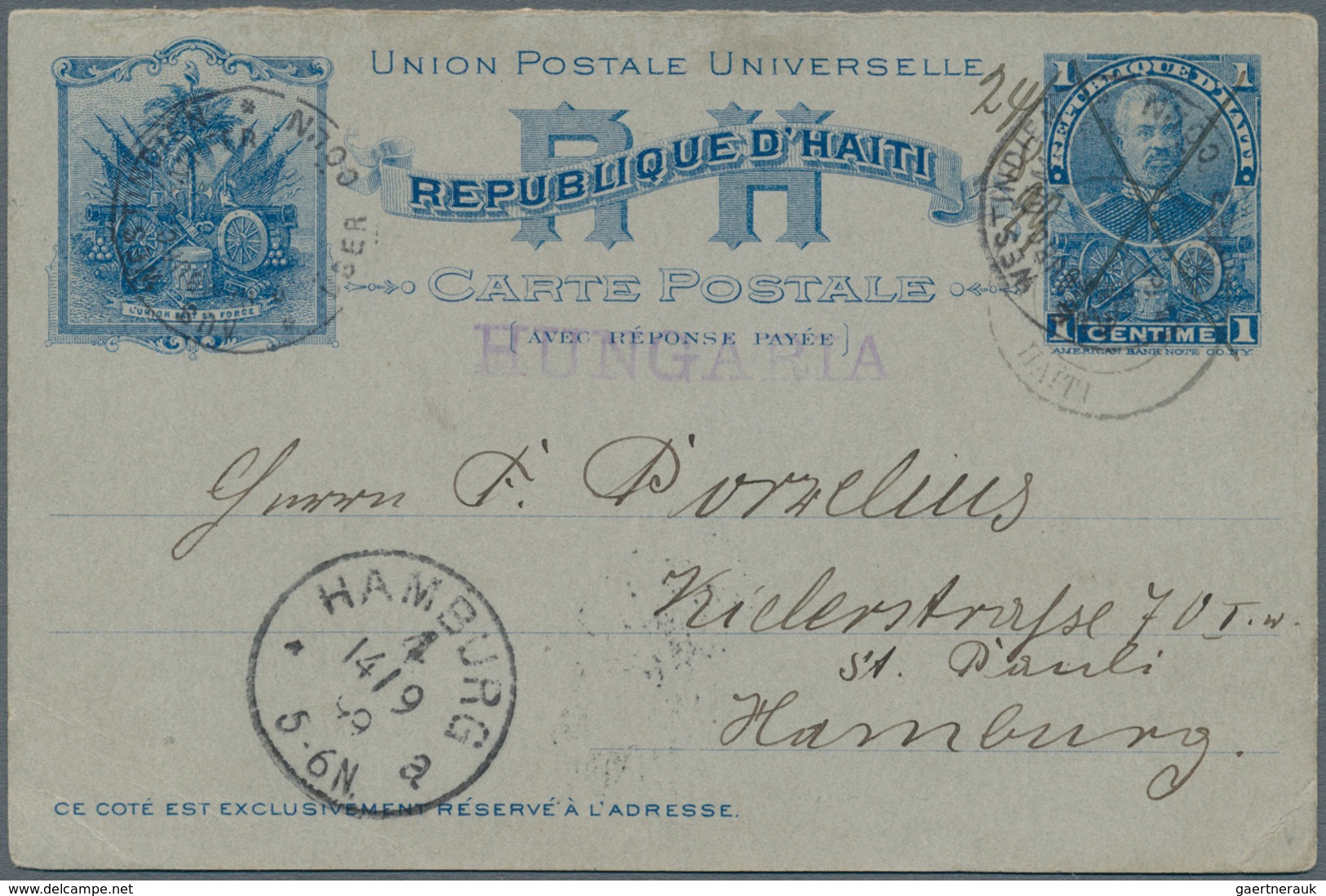 Schiffspost Alle Welt: 1899, Stationery Card 1 C. Reply Part W. Single Line Steamer Mark "HUNGARIA" - Sonstige & Ohne Zuordnung