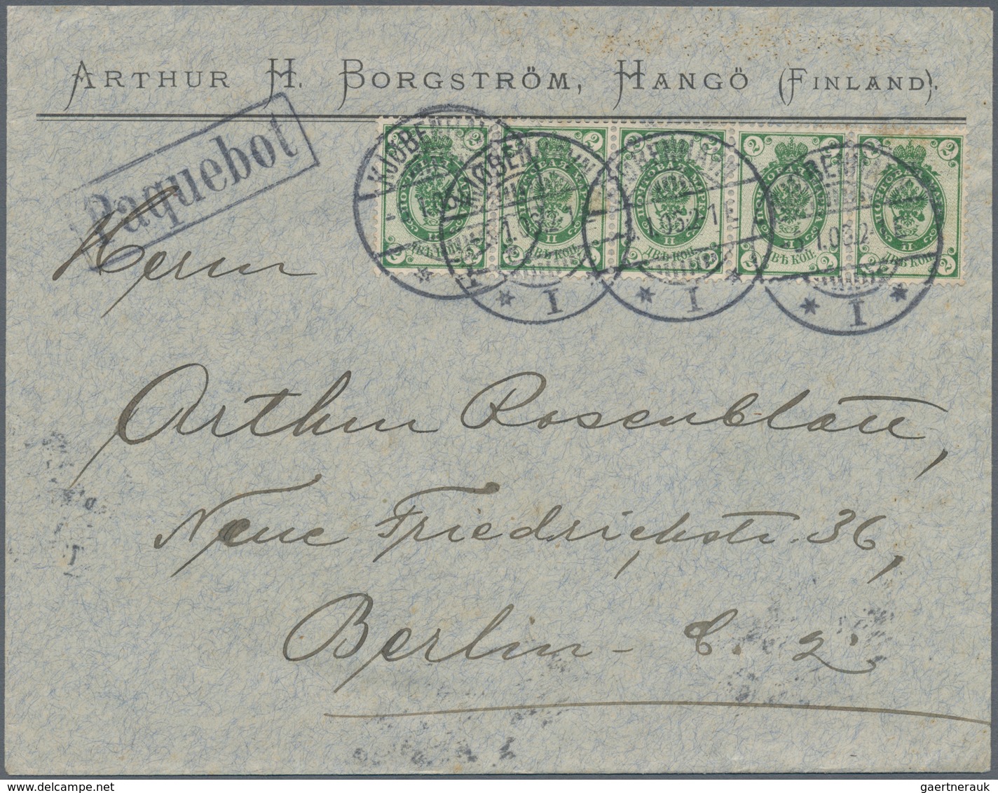 Schiffspost Alle Welt: 1906, 2 K Green Horizontal Stripe Of Five On Letter From Hangö/Finland Cancel - Sonstige & Ohne Zuordnung