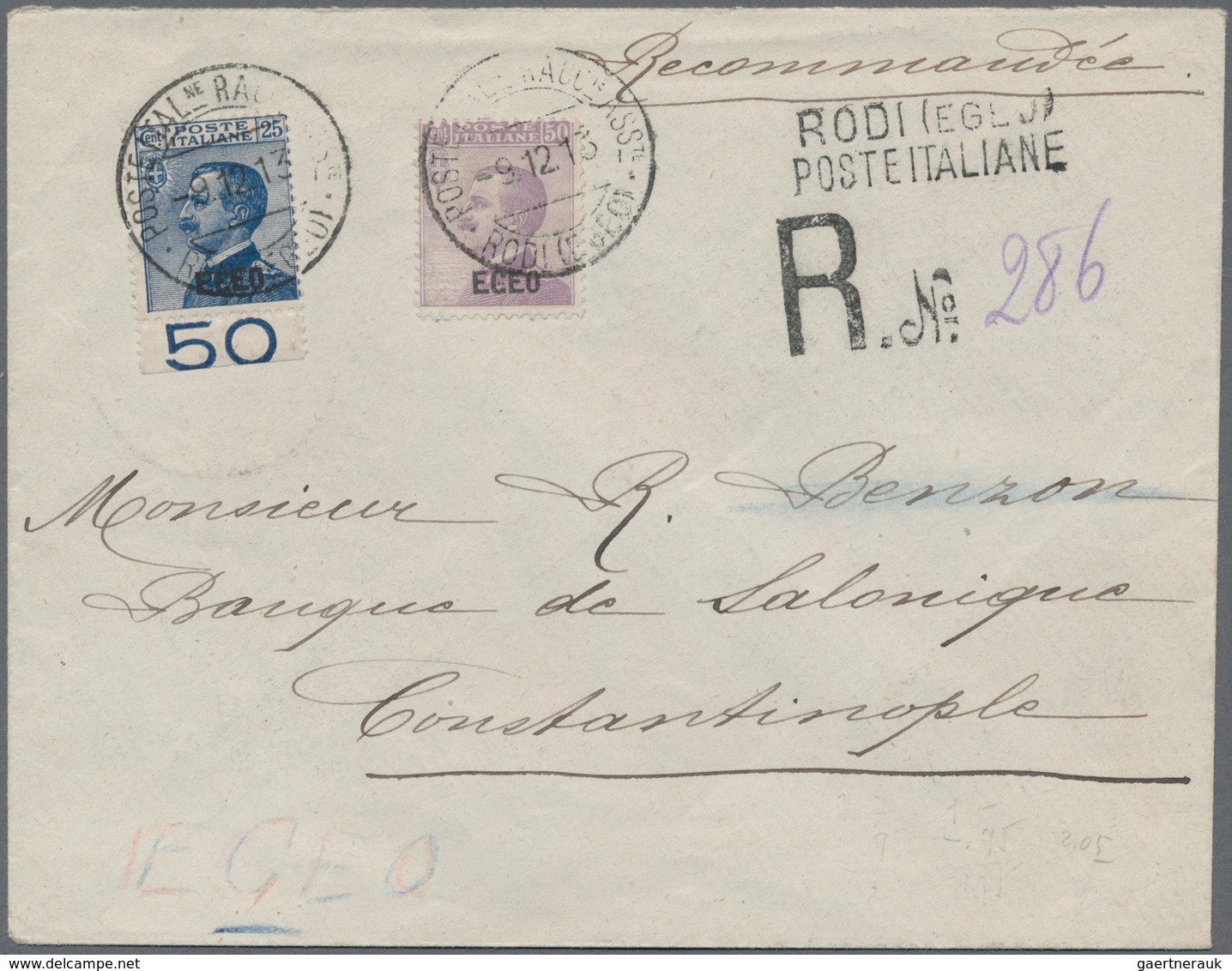 Ägäische Inseln: 1913, General Issue 25c. Blue And 50c. Violet, Attractive Franking On Registered Co - Ägäis