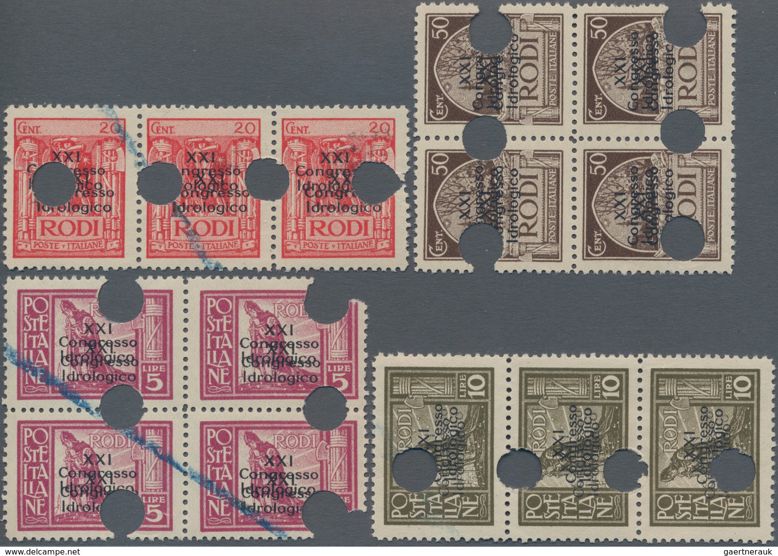 Ägäische Inseln: RHODOS: 1929, 20 C Red In Horizontal Stripe Of Three, 50 C Brown Block Of 4, 5 L Li - Egée