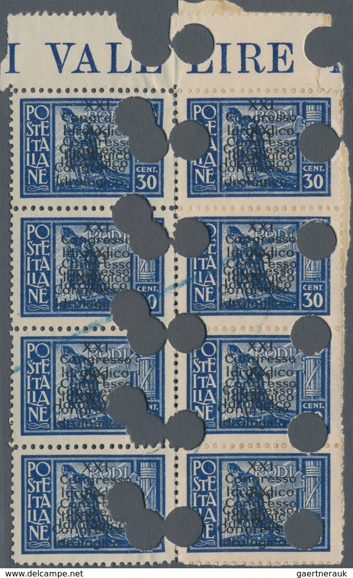 Ägäische Inseln: RHODOS: 1929, 30 C Blue In Block Of Eight With Overprint "XXI. Congresso Idrologico - Egeo