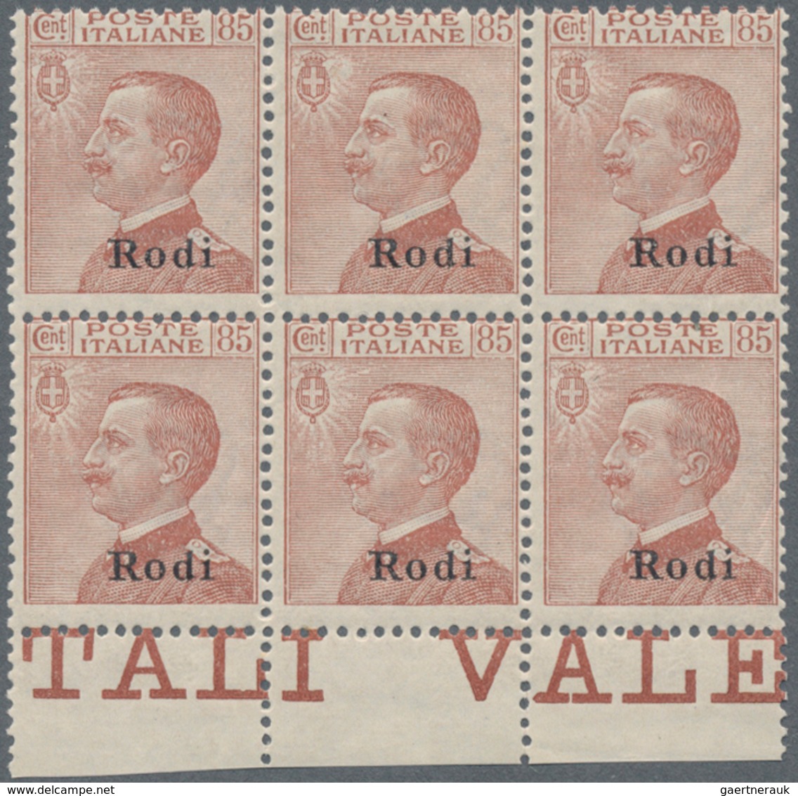 Ägäische Inseln: 1922, Italy Victor Emanuel III, 85c. Red-brown With Black Opt. ‚Rodi‘ Block Of Six - Egée