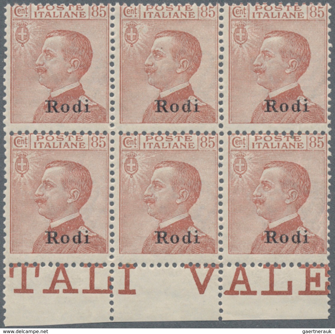 Ägäische Inseln: 1922, Italy Victor Emanuel III, 85c. Red-brown With Black Opt. ‚Rodi‘ Block Of Six - Aegean