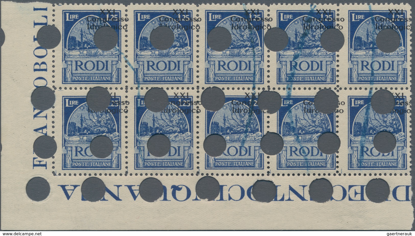 Ägäische Inseln: RHODOS: 1929, 1.25 L Blue In Block Of Ten With Overprint "XXI. Congresso Idrologico - Ägäis