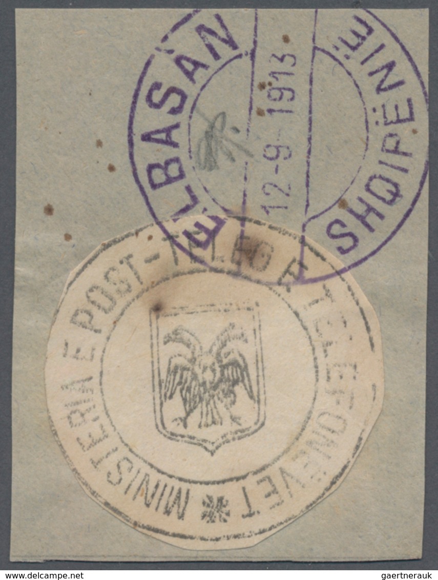 Albanien: 1913, 1 Pia Black Handstamp 'Ministeria E Post Teleg E Telefonevet', Round Cut-out, Tied B - Albanië