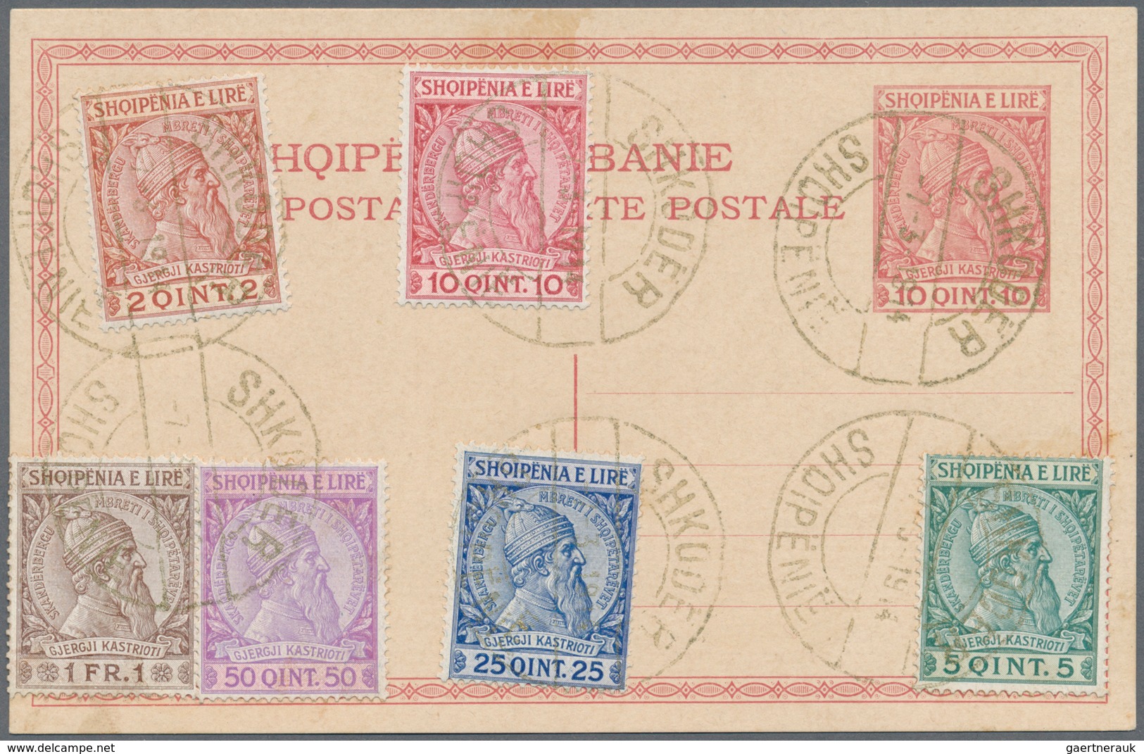 Albanien: 1913, 2 Q Red-brown/yellow And 10 Q To 1 Fr Dark-brown/brown On 10 Q Red Postal Stationery - Albanien